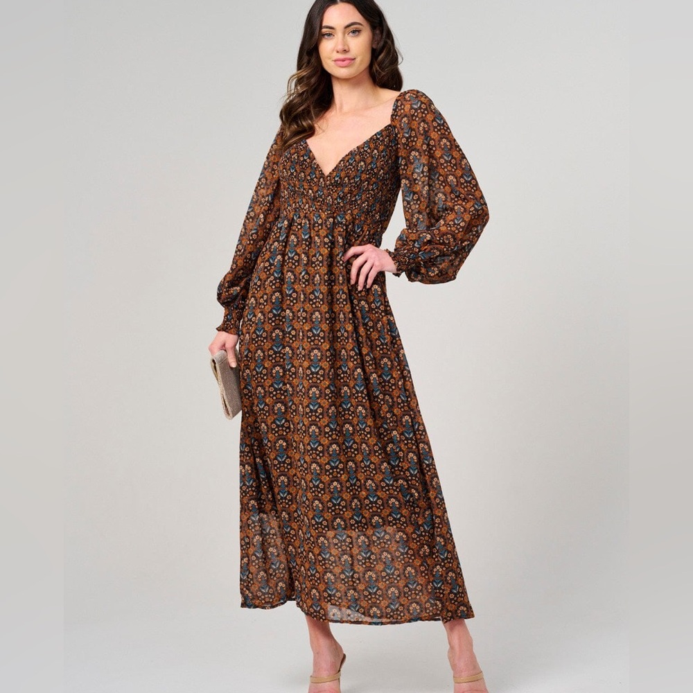 WOMEN'S LONG PUFF SLEEVE SMOCK SURPLICE FLORAL MAXI DRESS